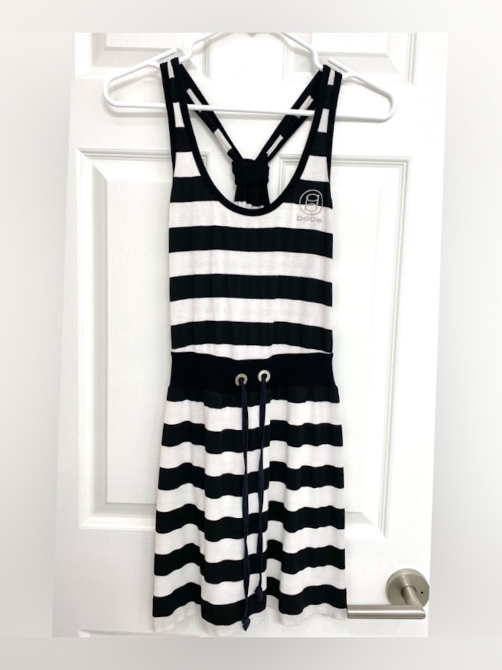 bebe Black & White Striped Racer Back Jersey Mini Dress
